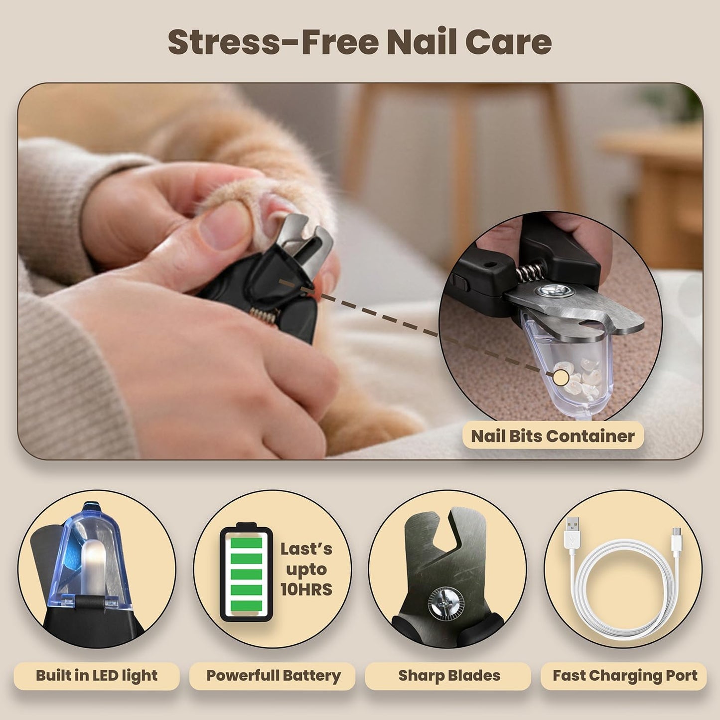 2-in-1 Dog Nail Clippers & Cat Nail Clipper with 2 LED Lights, USB Rechargeable with Safety Guard, Low Noise Grooming Tool for Small, Medium, and Large Dog & Cat Nail Trimmer(White)