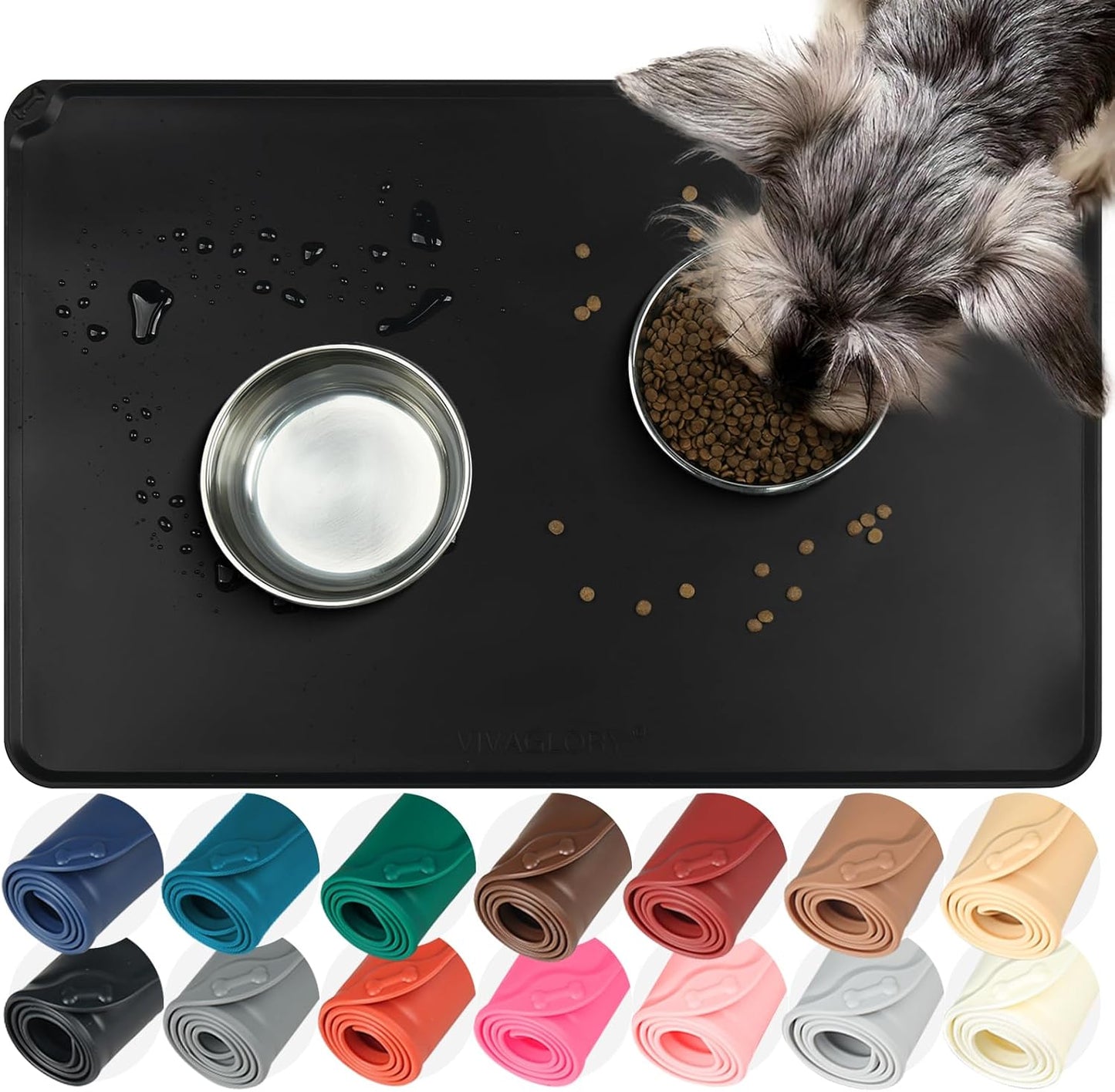 VIVAGLORY Dog Food Mat Flexmat Dog Bowl Mat, Placemat Food Tray with Raised Edges & Lip for Indoor Floor, Non Slip Waterproof Silicone Dish Placemat for Cat & Pet, S, Grey