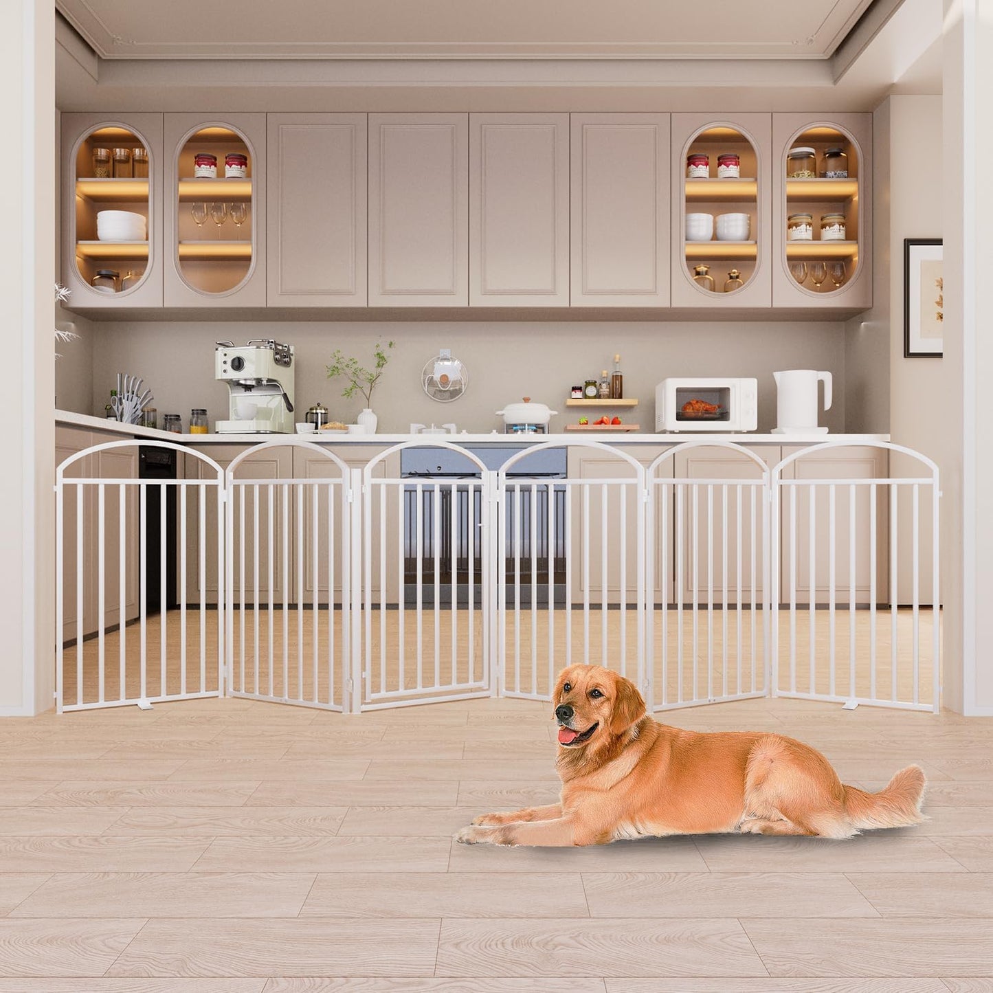 SNUOWU 4 Panels Full Matel Freestanding Dog Gates with Door, 96"Extra Wide 32"Tall Free Standing Dog Pet Gate for Indoor & Outdoor. Foldable Pet Fences for Doorways, House, Stairs, Porch, Deck, Yard