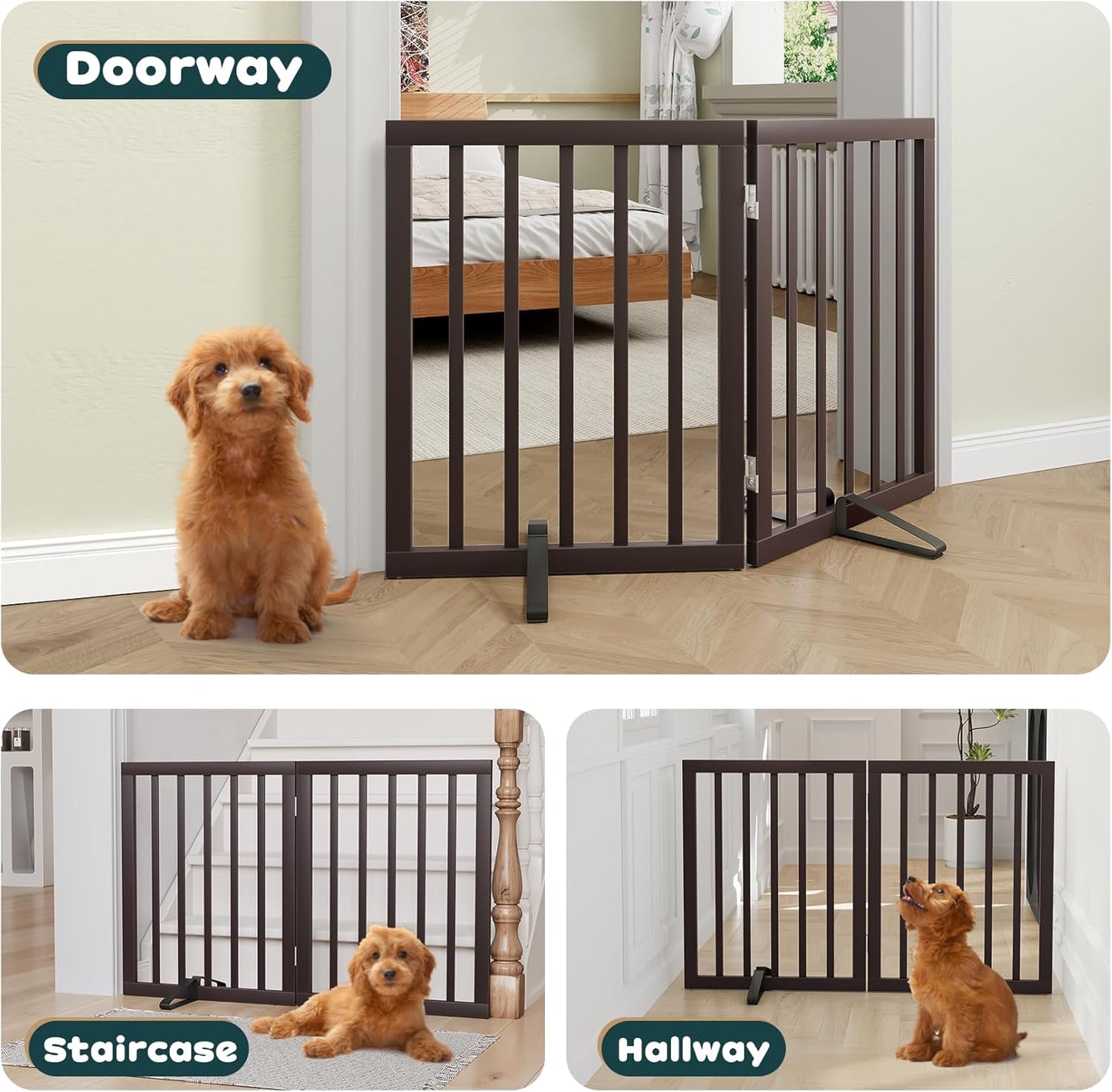 Freestanding Dog Gates Indoor, 3-Panel Pet Gates with 2 Metal Stands and 360° Hinge, 24" H Foldable Dog Gate for Stairs, Doorway, Kitchen, Expands Up to 55" Fully Assembled - Black Walnut