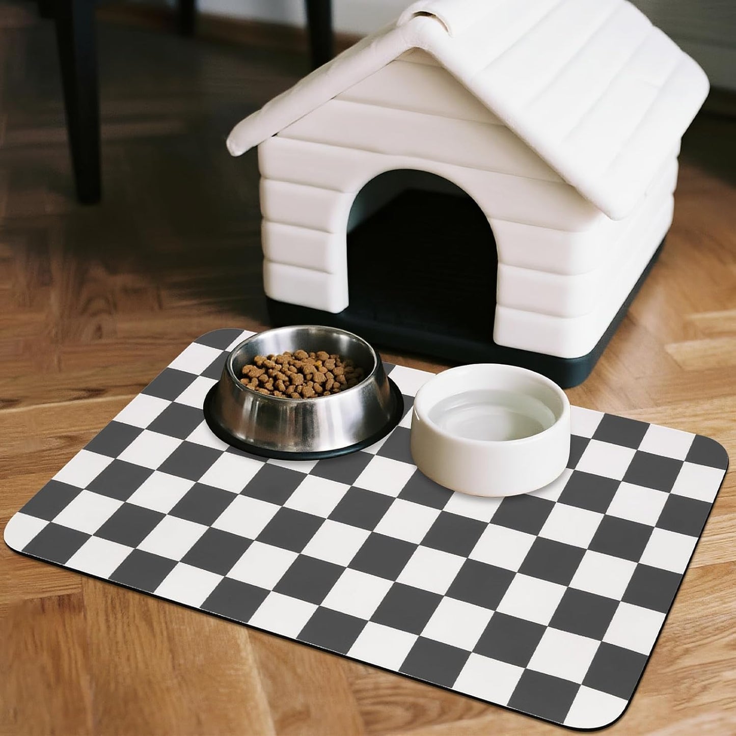CooRug Checkered Dog Food Mat, Absorbent Leak-Proof Pet Feeding Mat, Quick Dry Cat Food Mat for Messy Drinkers 12" x 20" Khaki