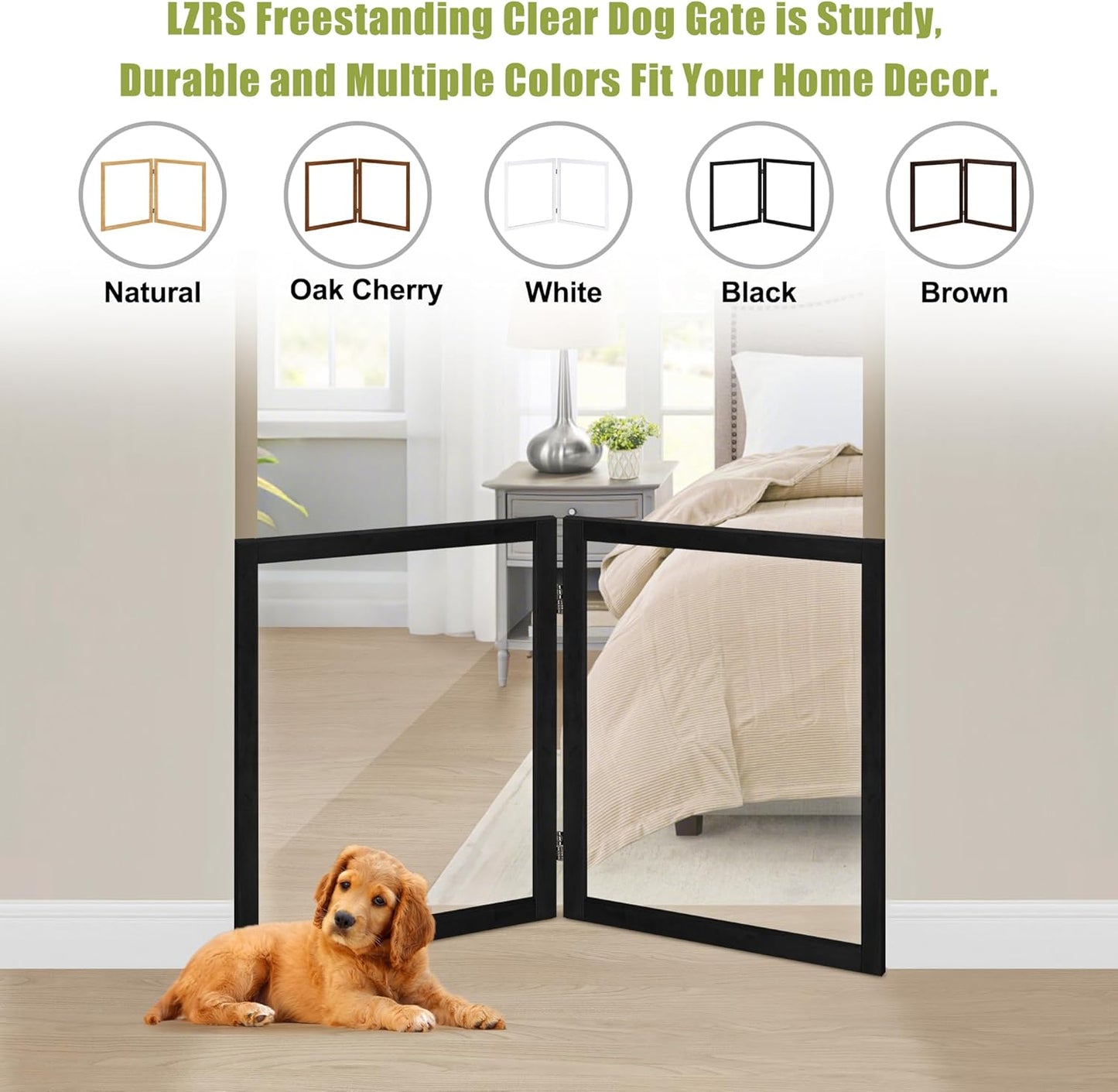 LZRS Clear Dog Gate for Indoor Use - Transparent Pet Fence with Solid Hardwood and Plastic Board, Stylish & Durable freestanding Pet Gate for Doorways, Stairs and Hallways-2 Panel Cherry