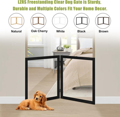 LZRS Clear Dog Gate for Indoor Use - Transparent Pet Fence with Solid Hardwood and Plastic Board, Stylish & Durable freestanding Pet Gate for Doorways, Stairs and Hallways-2 Panel Cherry