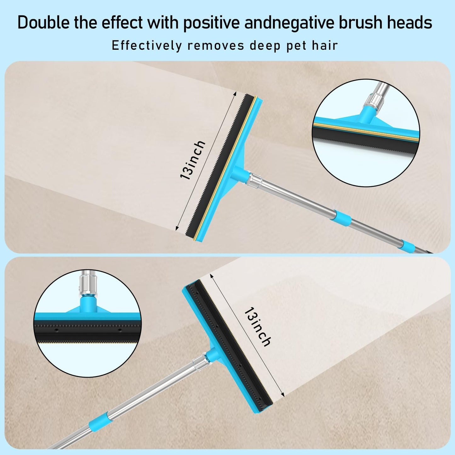 Upgraded Carpet Rake for Pet Hair Removal,2PCS Reusable Pet Hair Remover with 56” Adjustable Long Handle, 3 in 1 Rubber Broom and Carpet Brush Scraper for Rugs, Mats, Couch, Furniture