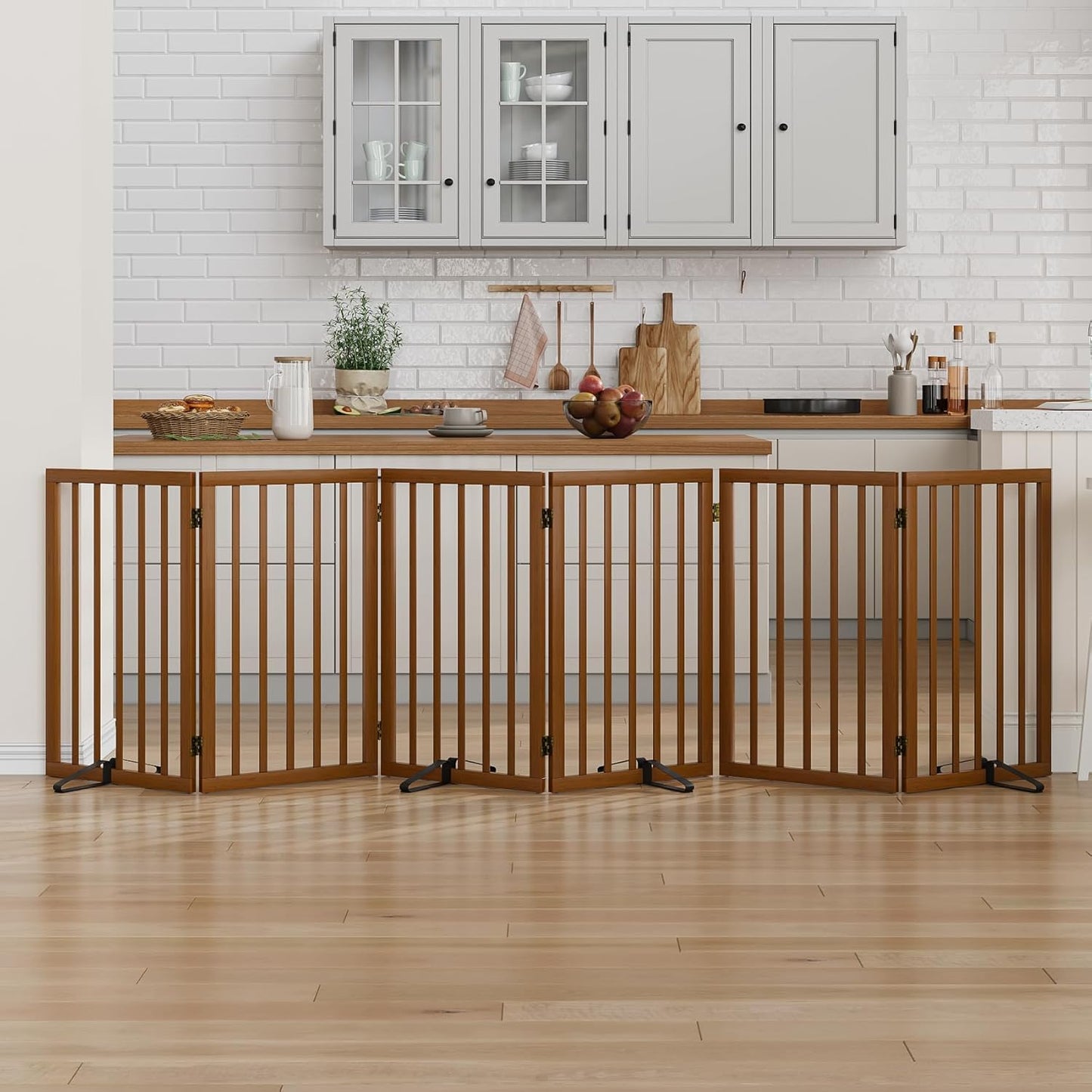 Dog Gate 32" Tall Foldable Dog Gate for Doorways Freestanding Pet Gate for Dogs Indoor (Walnut, 3 Panel)