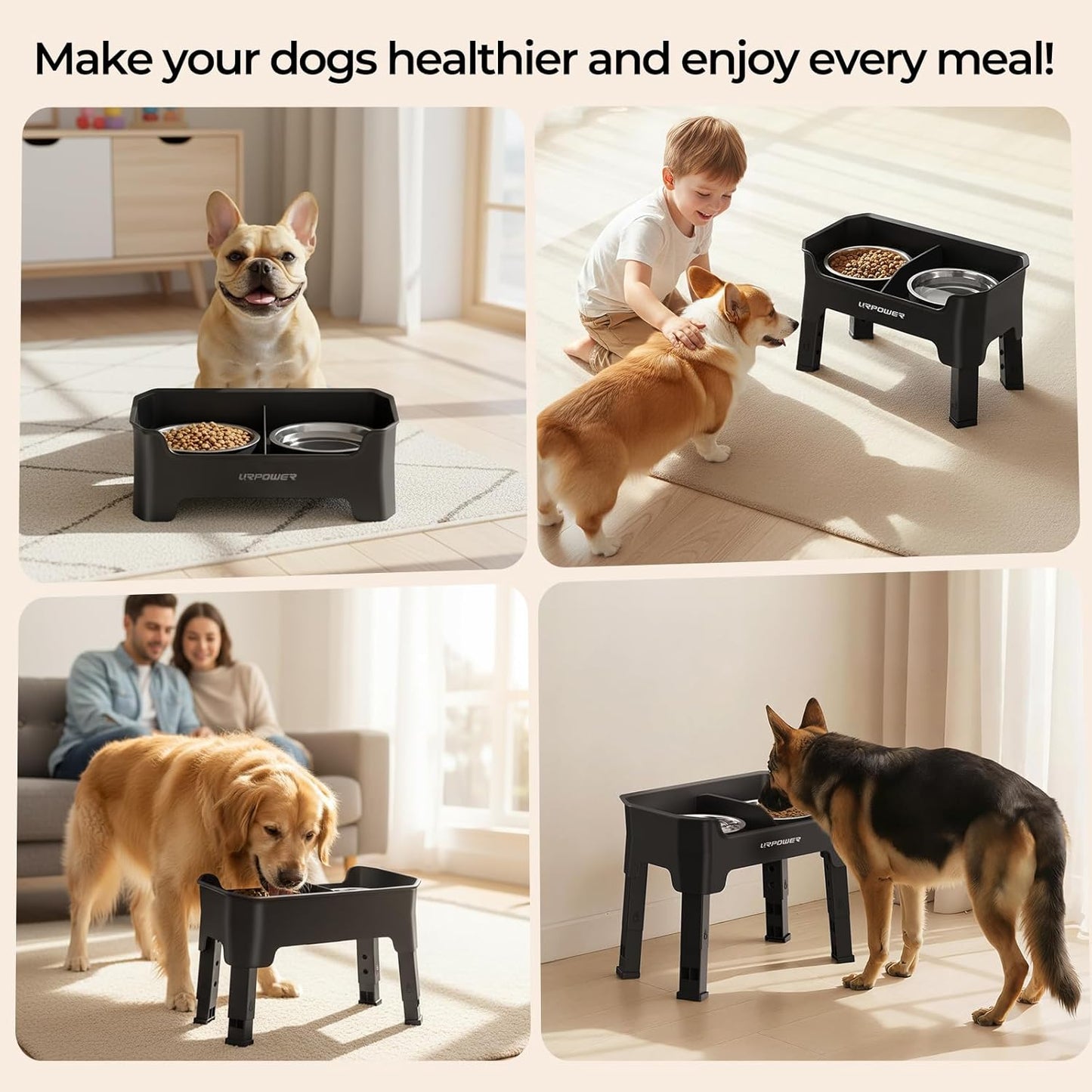 URPOWER 3-in-1 Elevated Dog Bowls - Mess Proof Double Deck 4 Height Adjustable Raised Stand with 2 Stainless Steel Food Bowls & Licking Plate for Small, Medium & Large Dogs