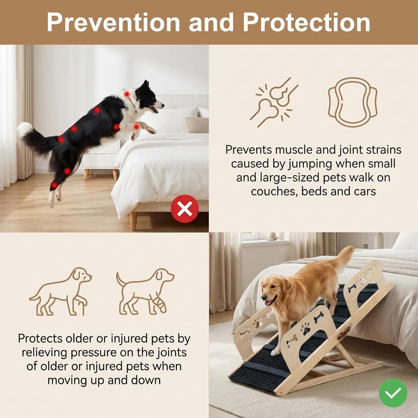 Dog Ramp for Bed, 43.5" Long Wooden Foldable Dog Ramp, 6 Adjustable Heights from 14" to 26" with Anti-Slip Traction Mat, Portable Pet Ramp for Car, Bed, Couch, Max 200lbs - 43.5inch