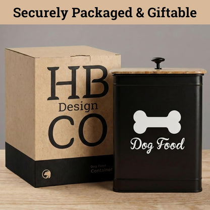 Dog Food Container Airtight 5-7 lb (25 Cup) Capacity - Cute Airtight Dog Food Storage Container with Bamboo Lid & Sturdy Metal Handle - White Metal Kibble Storage Bin for Dogs up to 50 lbs - Pet Jar