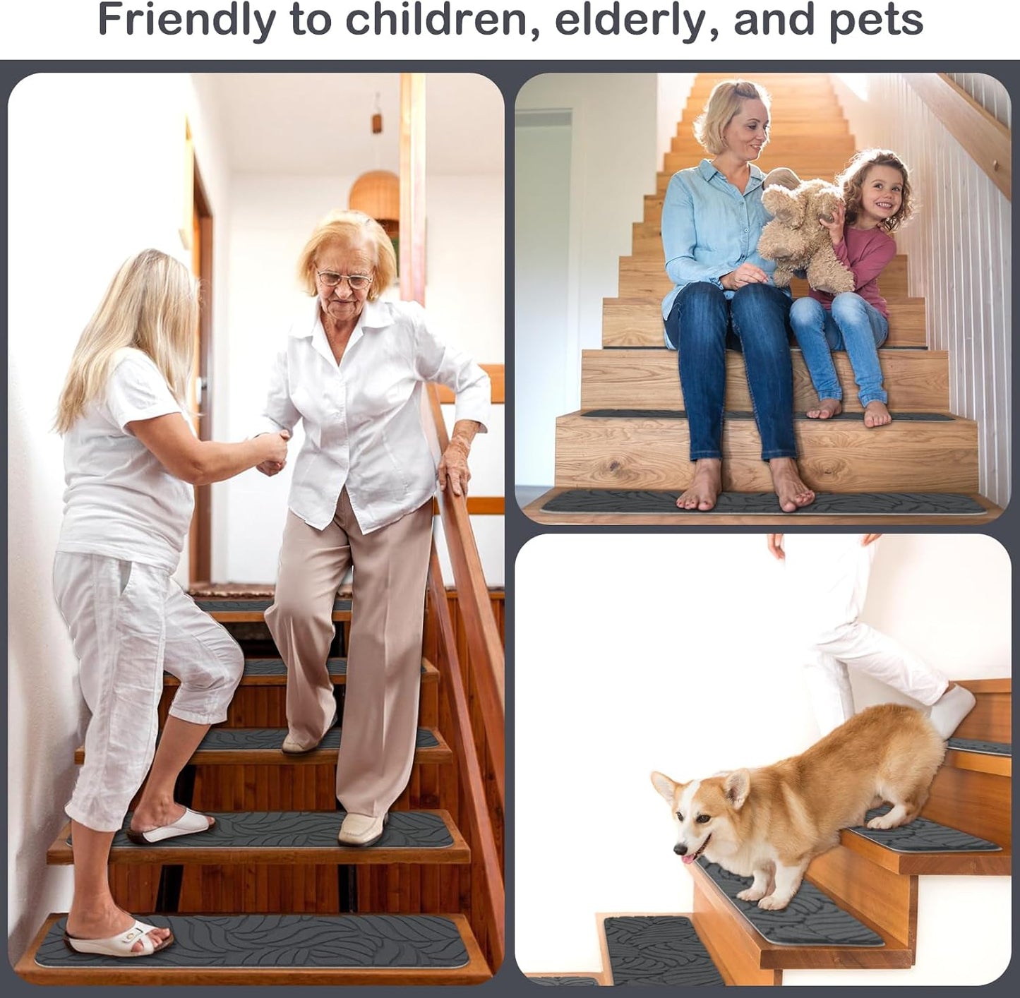 Fixmend Stair Treads Non Slip for Wooden Steps, 8" X 30" (15-Pack) Stair Runner Carpet Treads Indoor with Reusable Adhesive, Stairslide Carpets Rugs Safety Mats for Elders, Kids & Dogs, Dark Grey Leaf