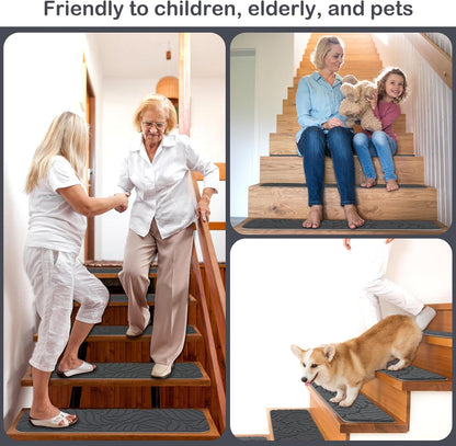 Fixmend Stair Treads Non Slip for Wooden Steps, 8" X 30" (15-Pack) Stair Runner Carpet Treads Indoor with Reusable Adhesive, Stairslide Carpets Rugs Safety Mats for Elders, Kids & Dogs, Dark Grey Leaf