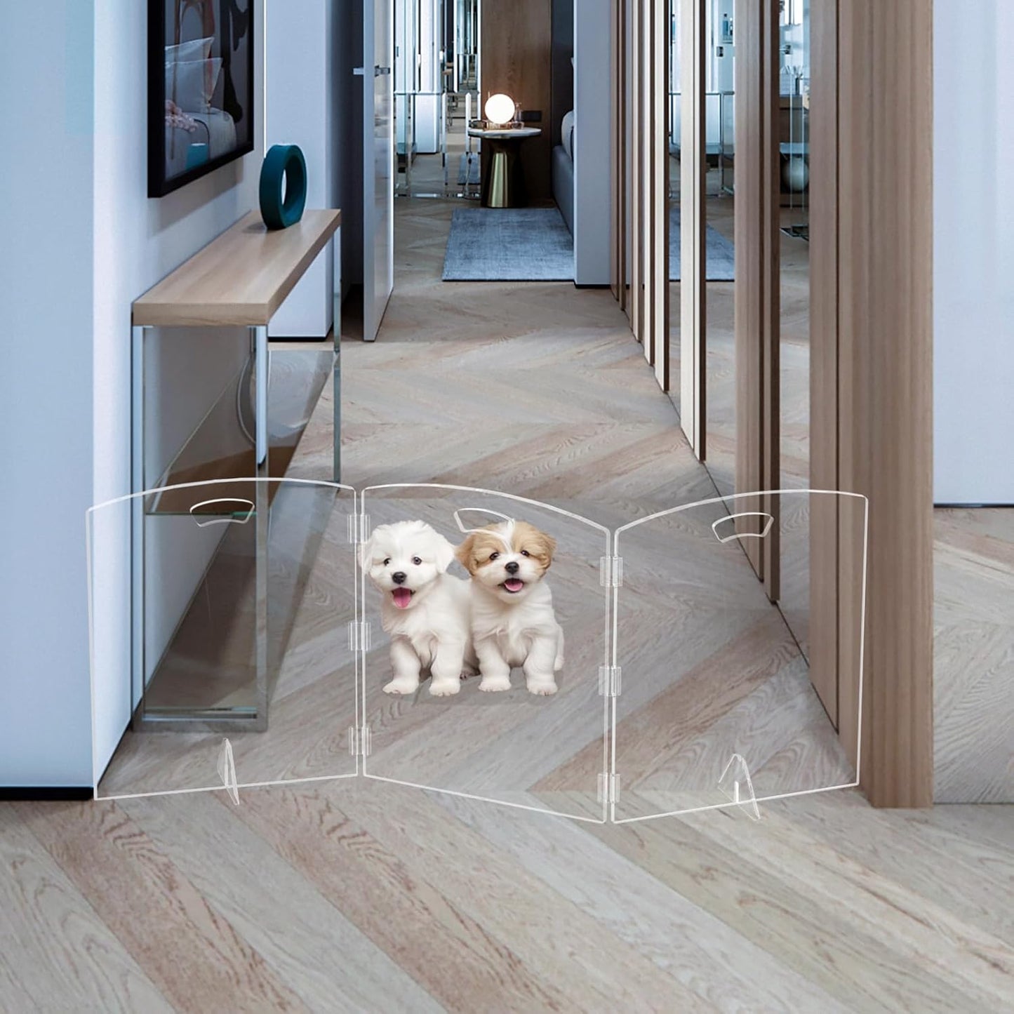 Clear Freestanding Dog Gate for Indoor Use,Pet Gates for Doorways no Drilling,Acrylic Foldable Dog Gate for Stairs with Support Feet (2 Panel - 40''W x 23''H)