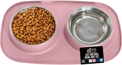 GORILLA GRIP Feeding Mat Set, Patent Pending 100% Waterproof BPA Free Silicone, Stainless Steel Cat and Dog Bowls, Slip Resistant, 1 Black mat/tray with 2 stainless steel bowls