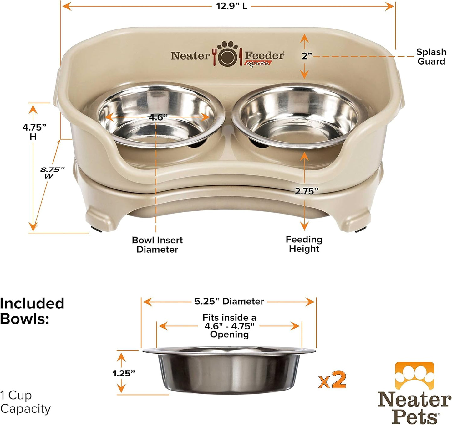 Neater Feeder Express Mess Proof Dog Bowls Elevated for Small Breeds under 15 Lb, Made in USA, No Spill Raised Dog Food Bowl Stand, Stainless Steel Food and Water Bowl Set, Feeding Station, Cappuccino