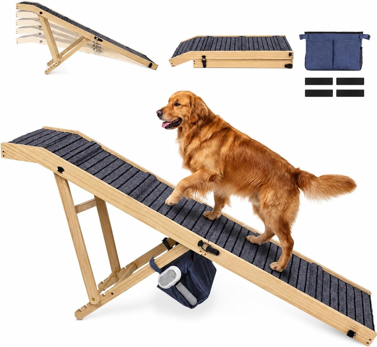 2026 Upgraded Dog Ramp for Couch & Low Bed, 33" L Folding Wood Pet Ramp 200LB Capacity, 4-Level Adjustable Height 11"-20", Non-Slip Sturdy Puppy Ramp for Small & Senior Dogs, Joint Relief, Wavy Design