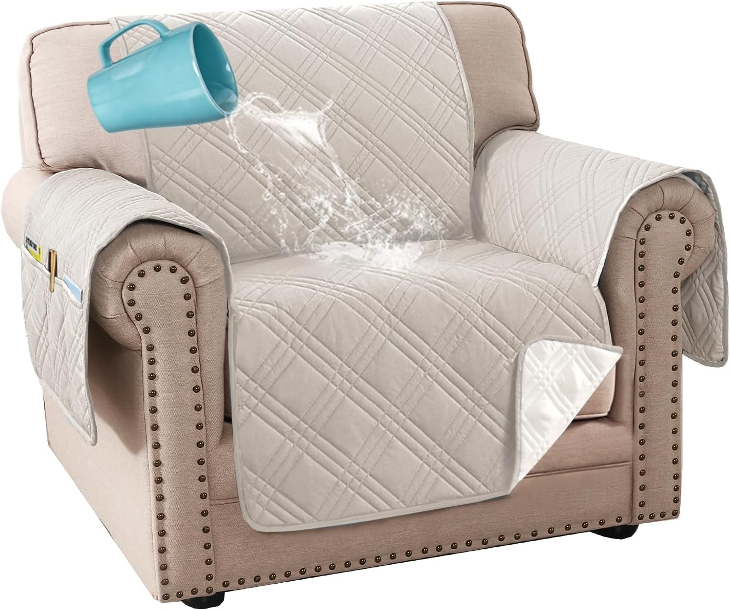 H.VERSAILTEX 100% Waterproof Slipcovers for Couches and Sofas Modern Pet Couch Cover Thick Soft Furniture Protector with Elastic Straps(Sofa, Lily Pad/Beige)