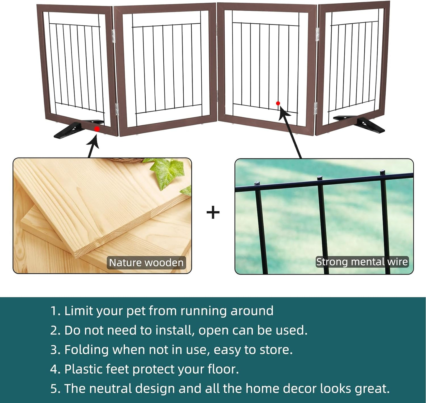 ZJSF Freestanding Dog Gate Indoor, Foldable Dog Fence for Doorways,Hallways or Stairs, Sturdy Wood Extra Wide Pet Gate with Support Feet,Black,24 "Height-3 Panels