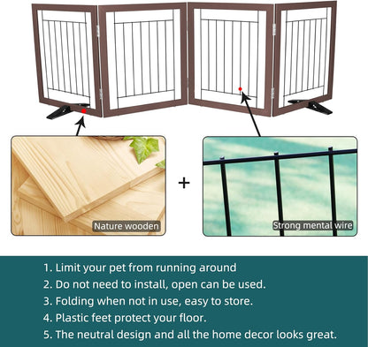 ZJSF Freestanding Dog Gate Indoor, Foldable Dog Fence for Doorways,Hallways or Stairs, Sturdy Wood Extra Wide Pet Gate with Support Feet,Black,24 "Height-3 Panels