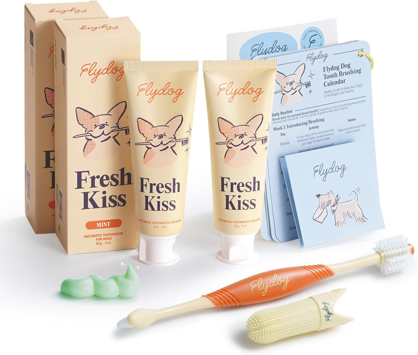 FlyDog Fresh Kiss Dog Tooth Brushing Kit - Vet Approved Formula, Enzymatic Dog Toothpaste and Brush - Breath Freshener & Tartar Remover, 360° Toothbrush & Finger Brush, Dental Guide, Coconut Flavor