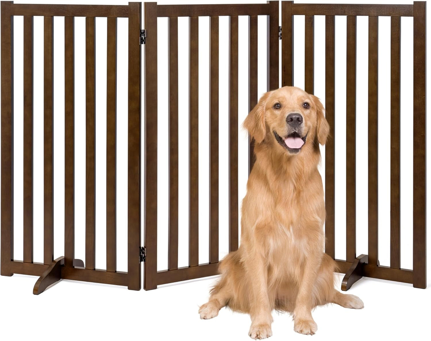 36" Height Extra Tall Freestanding Pet Gate, Solid Wood Folding Safety Fence Wooden Dog Gate with 2 PCs Support Feet Ideal for Stairs, Doorways, Halls, Kitchens, Heavy Duty Gates, 3 Panels, Oak