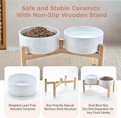 SPUNKYJUNKY Elevated Dog Bowls Ceramic, 6.1'' Dogs and Cat Food Water Bowls Raised with Non-Slip Bamboo Stand for Medium Sized Breed Microwave Dishwasher Safe - 28.7 OZ,Beige