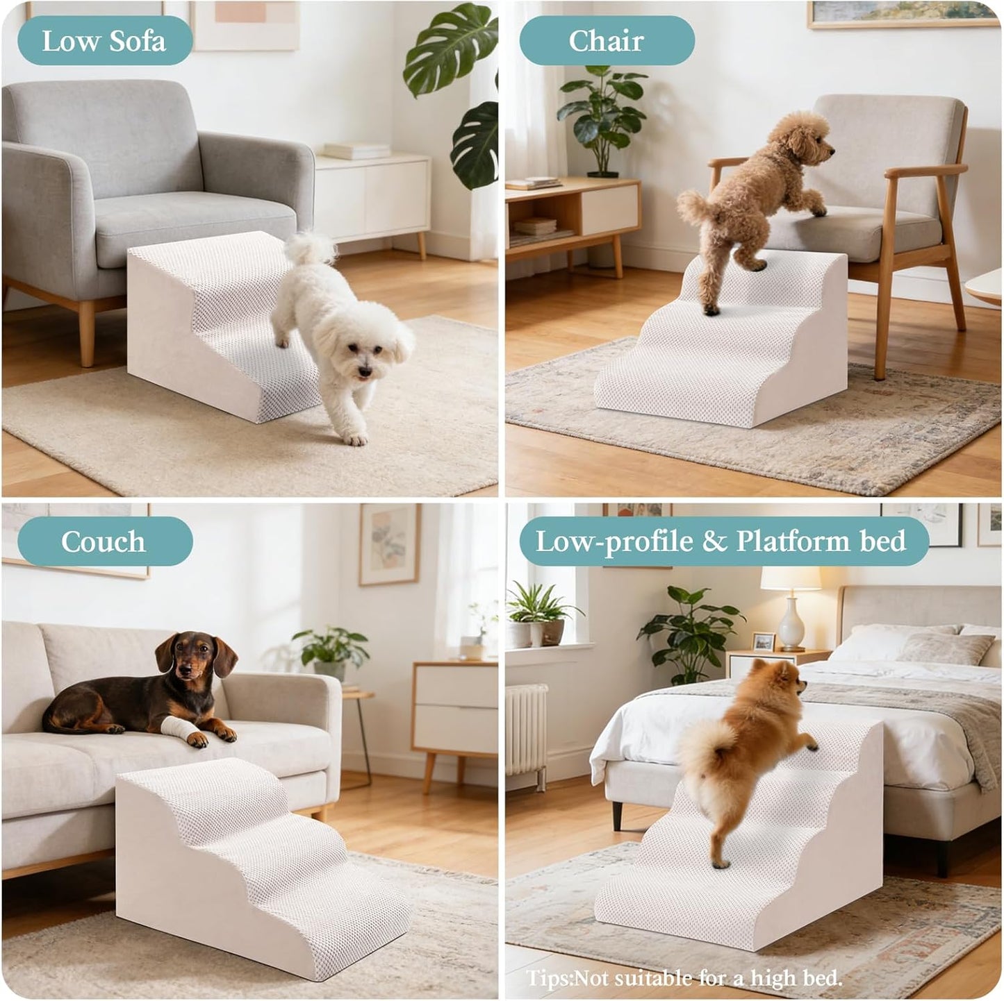 Dog Stairs for Small Dogs, 2-Step Dog Steps for Couch Sofa and Chairs, High-Density Foam Pet Steps Ramp with Removable Washable Cover for Older Injured Puppy Dogs and Cats, 11.81" H, Grey
