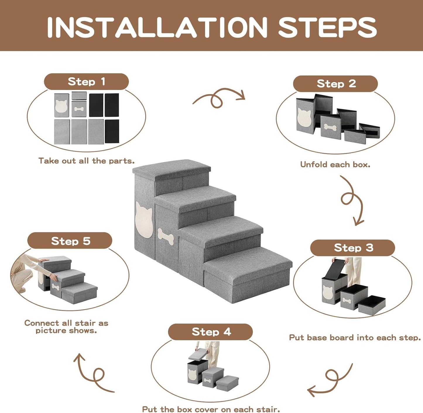 Wider Dog Steps for Bed 17" H, Foldable Dog Stairs with Storage, Non-Slip Pet Steps for Small Medium Large Dogs, Arthritis-Friendly Pet Stairs for Couch and Car Up to 200 lbs, Grey, 3 Steps