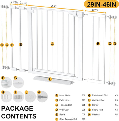 29-42 inches Metal Baby Gate for Stairs/Doorways, 30 inches Tall Pressure Mounted Pet Gates, Auto-Close Child Safety Gate, No Drilling Easy Walk-Through Dog Gate Indoor, Black