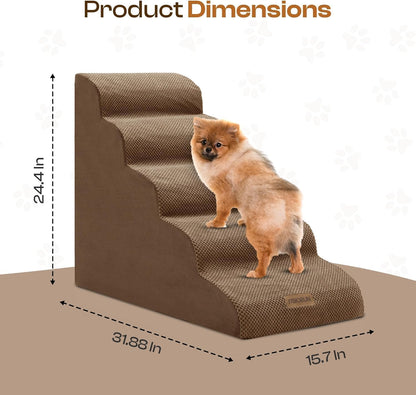 Dog Stairs for High Beds Up to 30", Extra-Tall 5-Step Dog Steps for Bed, 24.5" Tall Foam Pet Stairs for Small & Medium Dogs, Gentle Slope Cat Ramp for Bed with Washable Cover