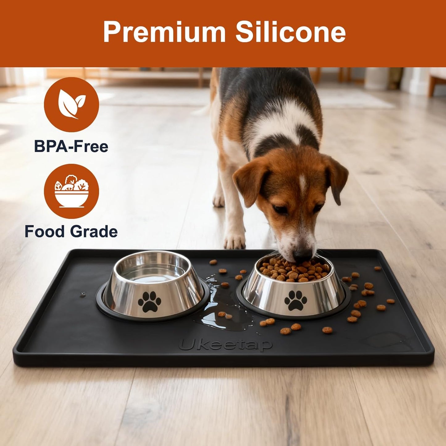 ukeetap Extra Thick Silicone Mat Waterproof with Raised Edge 19” x 12”, BPA Free Non-Slip Dog & Cat Food Mat, Feeding Mat for Food and Water Bowls, Spill Proof Mat to Protect Floors, Gray