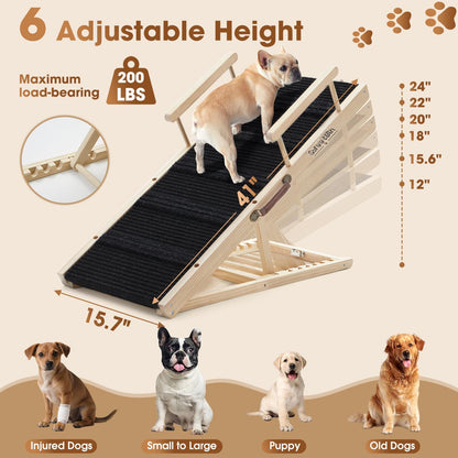 Dog Ramp for Bed - Foldable Small to Large Dog Ramp for Couch - 6 Adjustable Height from 12" to 24" - Stairs with High Traction Mat - Wooden Portable Ramp for Dogs to Get on Bed Couch Car Up to 200LBS