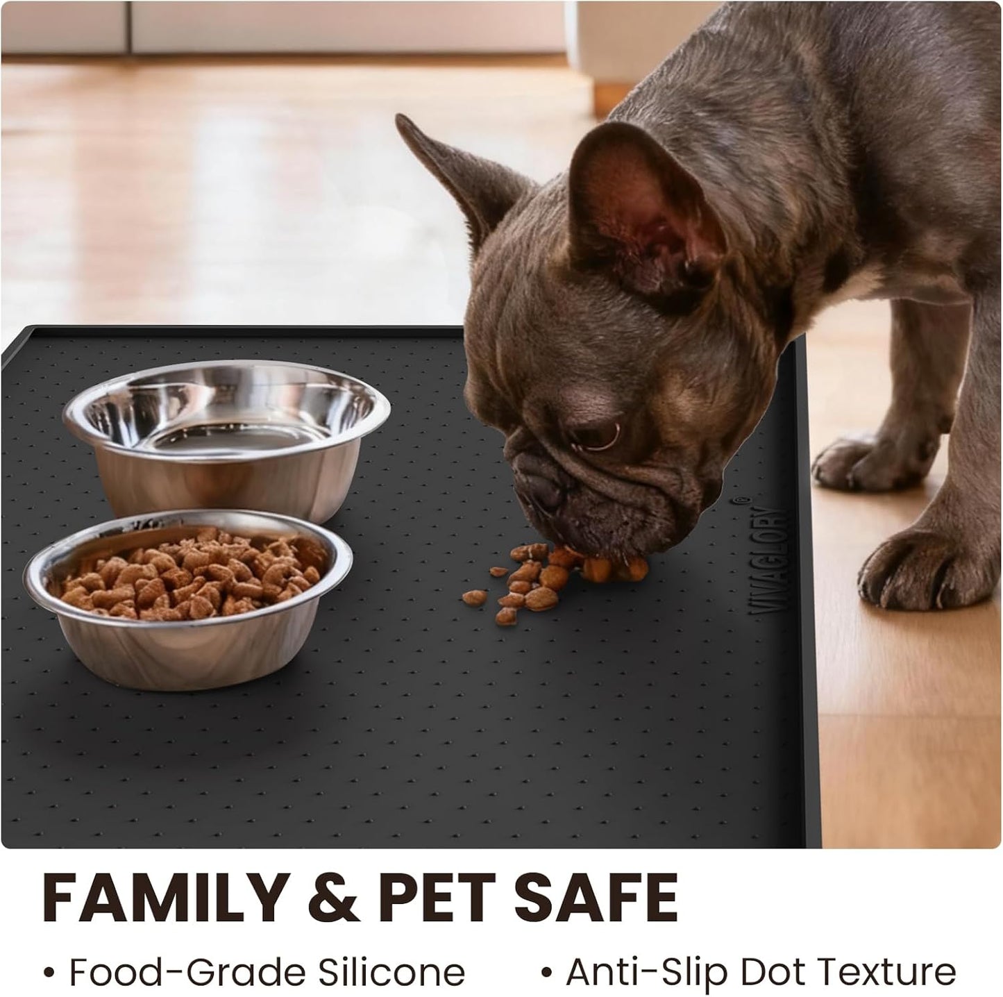 VIVAGLORY Dog Bowl Mat Grippymat Pet Food Mat, Waterproof Washable Nonslip Silicone for Pet & Cat, Food and Water Placemat with Lip & Raised Edges for Indoor Floor, S, Grey