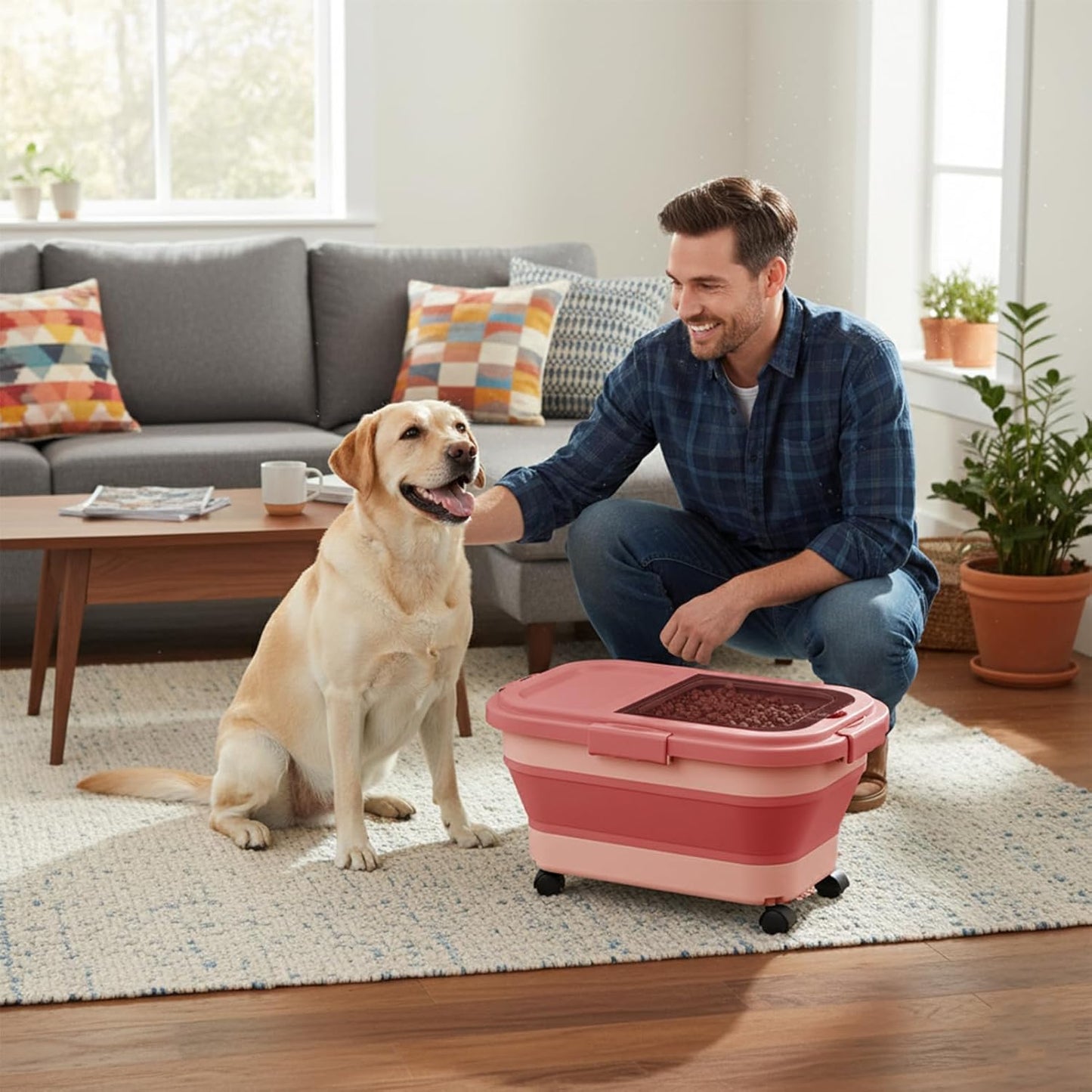 Summark 15 Lbs Dog/Cat Food Storage Container,Collapsible Food Storage Containers with Rolling Wheel Airtight Locking Lid,Pet Food Storage Container with Cup and Scoop,Grey