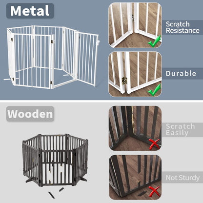 Metal Freestanding Dog Gates with Door for Outdoor Indoor,80'' Extra Wide 32'' Tall Free Standing Dog Gate for Doorways,Large Openings,Deck,Yard,Foldable Safety Pet Fence(Black,4 Panels)