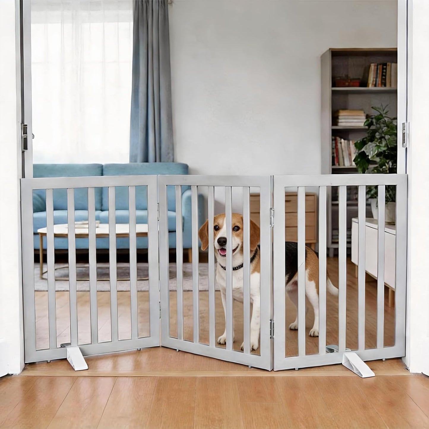 Dog Gate Indoor, Freestanding Dog Fence for The House, Doorways, Hallways,or Stairs,Pet Gate Foldable Wooden,Expandable 24" Height 3 Panels,White
