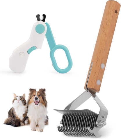 Undercoat Rake for Dogs Cats - 2-in-1 Deshedding Brush for Long Haired Pet, Dog Nail Clippers with Double Sided Dematting Shedding Comb, Matted Fur Removal Grooming Tool for Knots Mats Tangles