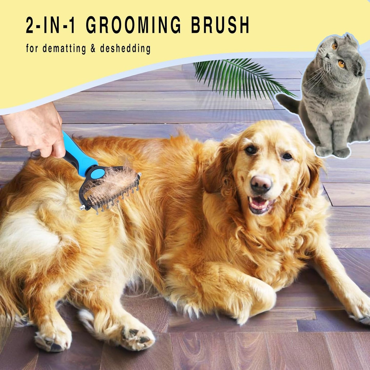 Pet Grooming Rake for Dogs & Cats - Double-Sided Deshedding and Dematting Tool, Gently Remove 95% of Loose Undercoat & Mats for Long-Haired Pets, Painless Fur Brush for Shedding Control (Blue, M)