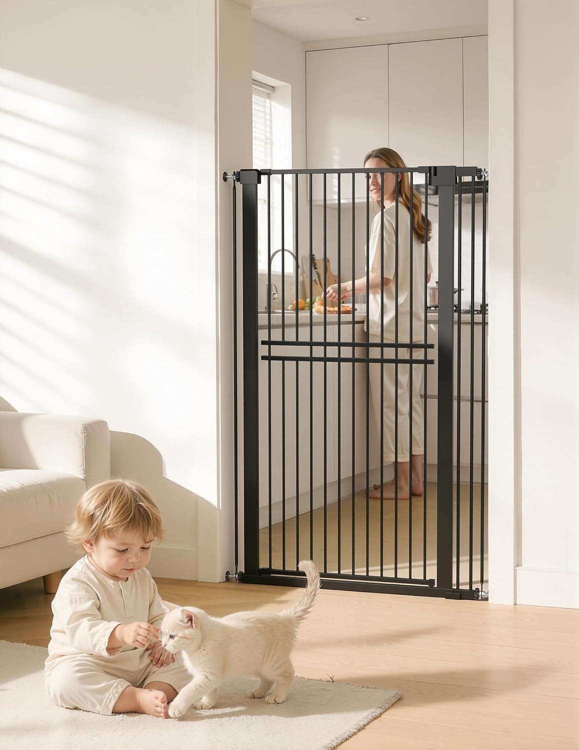 No Pawblems 55" Extra Tall Pet Gate for Cat/Dog, 29-40" Wide Auto Close Tall Dog Gate for Doorways/Hallways, 1.37" Ultra Narrow Spacing, NO Drilling Pressure Mounted, Black