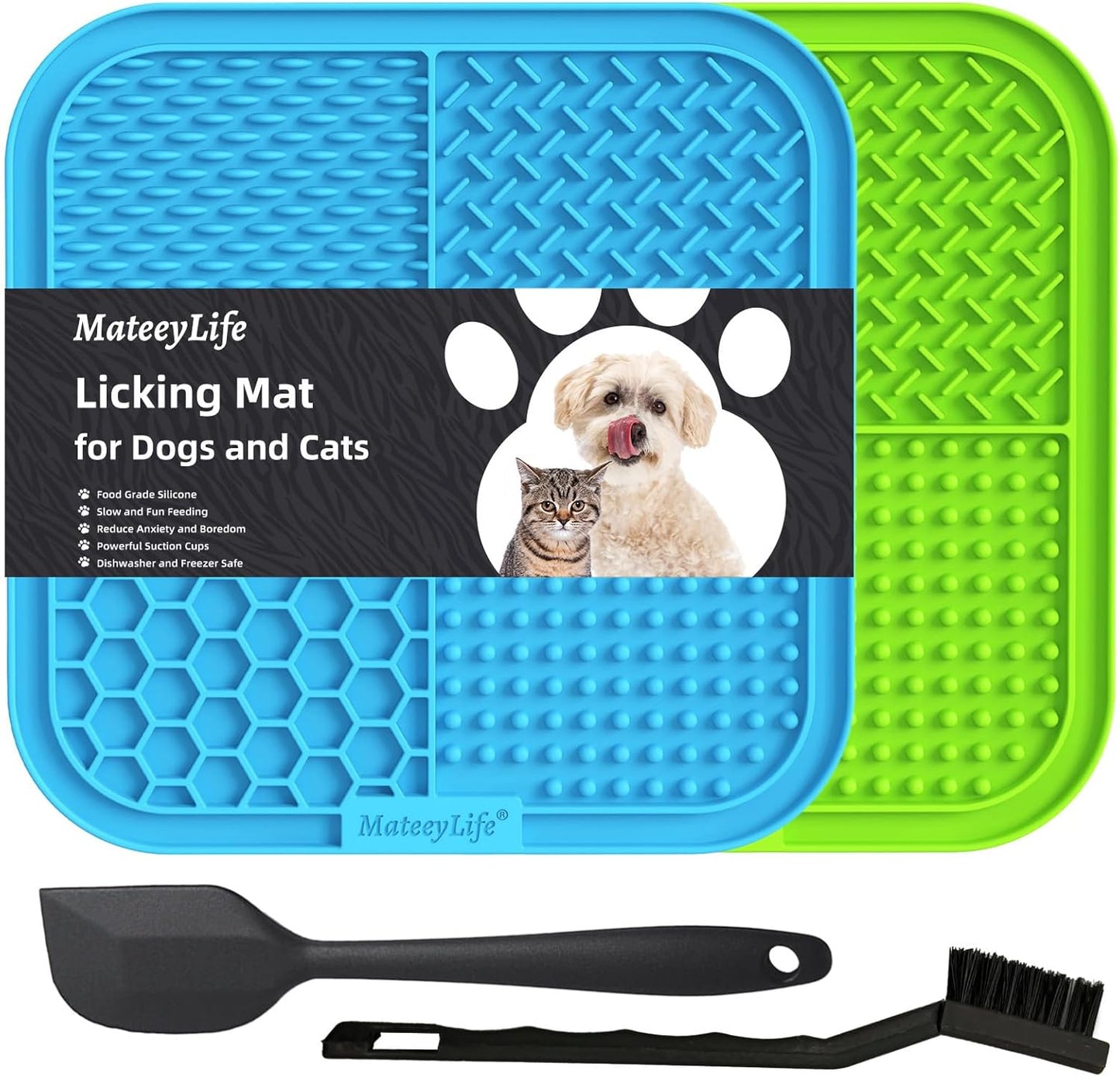 MateeyLife 2PCS Small Lick Mat for Dogs and Cats, Licking Mats for Dog Anxiety Relief, Cat Peanut Butter Lick Pad for Boredom Reducer, Dog Treat Mat Perfect for Bathing Grooming Blue&Green