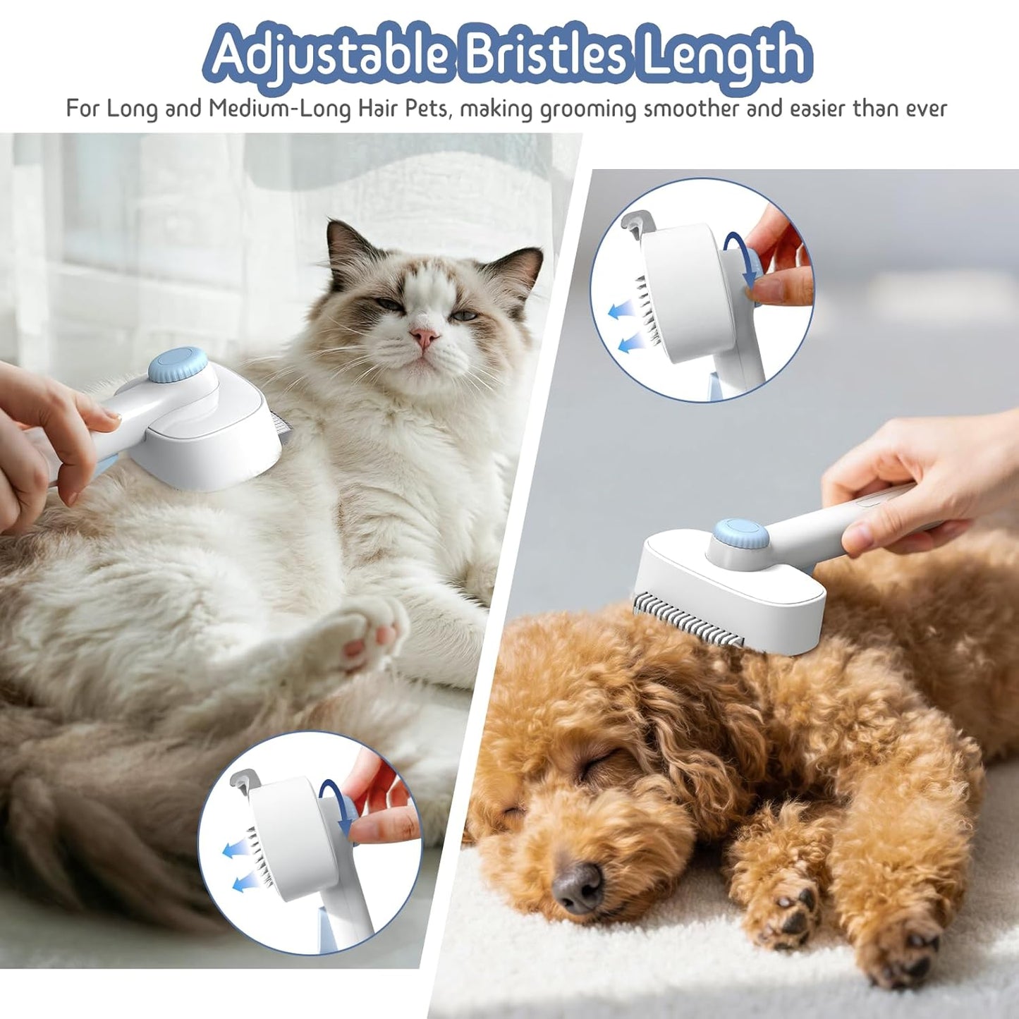 Dog & Cat Brush for Shedding, Self Cleaning Deshedding Brush with Adjustable Bristle Length & Dematting Comb, Skin Friendly Grooming Tool for Long & Medium-Long Hair Pets