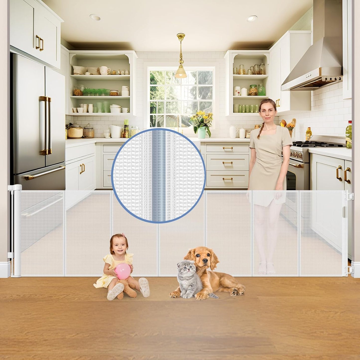 Reinforced 90 Inch Retractable Baby Gates Extra Wide Baby Gate with Reinforced Strips, 7.5ft Long Retractable Dog Gate for The House 33 Inch Tall Extra Long Pet Gates for Wide Openings, Black
