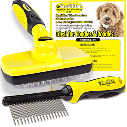 Doodle Brush Slicker for Dogs - Self Cleaning Dog Brush for Poodles, Goldendoodle Grooming Kit with Detangler Comb
