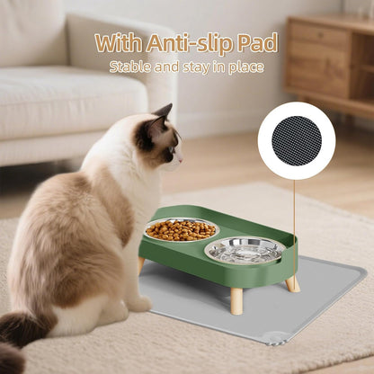 Elevated Cat Bowl, Raised Cat Food and Water Bowl Set for Indoor Cats, Splash Proof with 2 Stainless Steel Pet Food Bowls for Cats and Puppies, Whisker Fatigue and Dishwasher Safe - White
