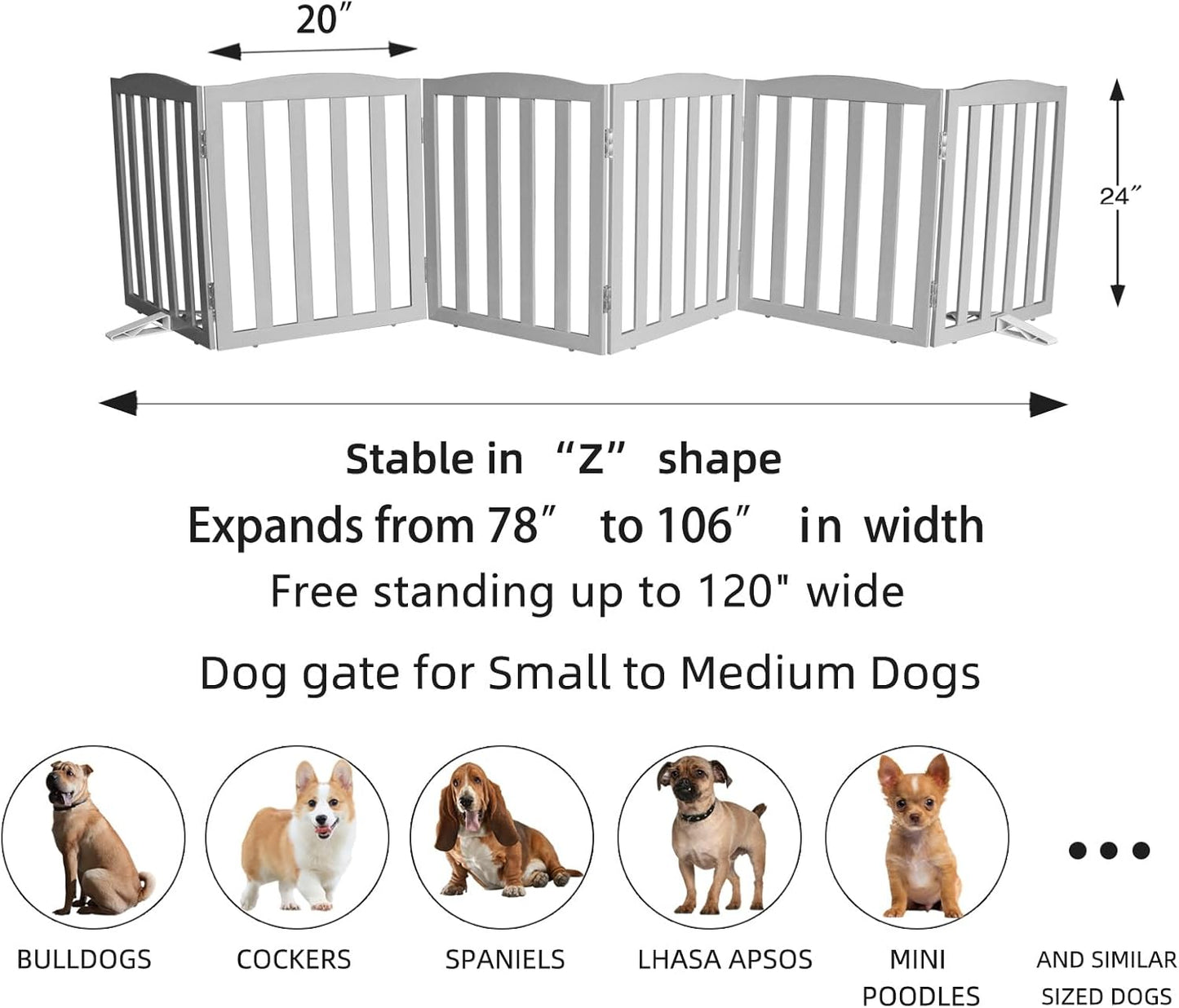 ZJSF Foldable Freestanding Indoor Dog Gate for House Wood White Long Pet Gates Dog Fence for Stairs Puppy Gates for Hallways,Pet Fence, Puppy Gate,Support Feet Included 24 "Height-3 Panels