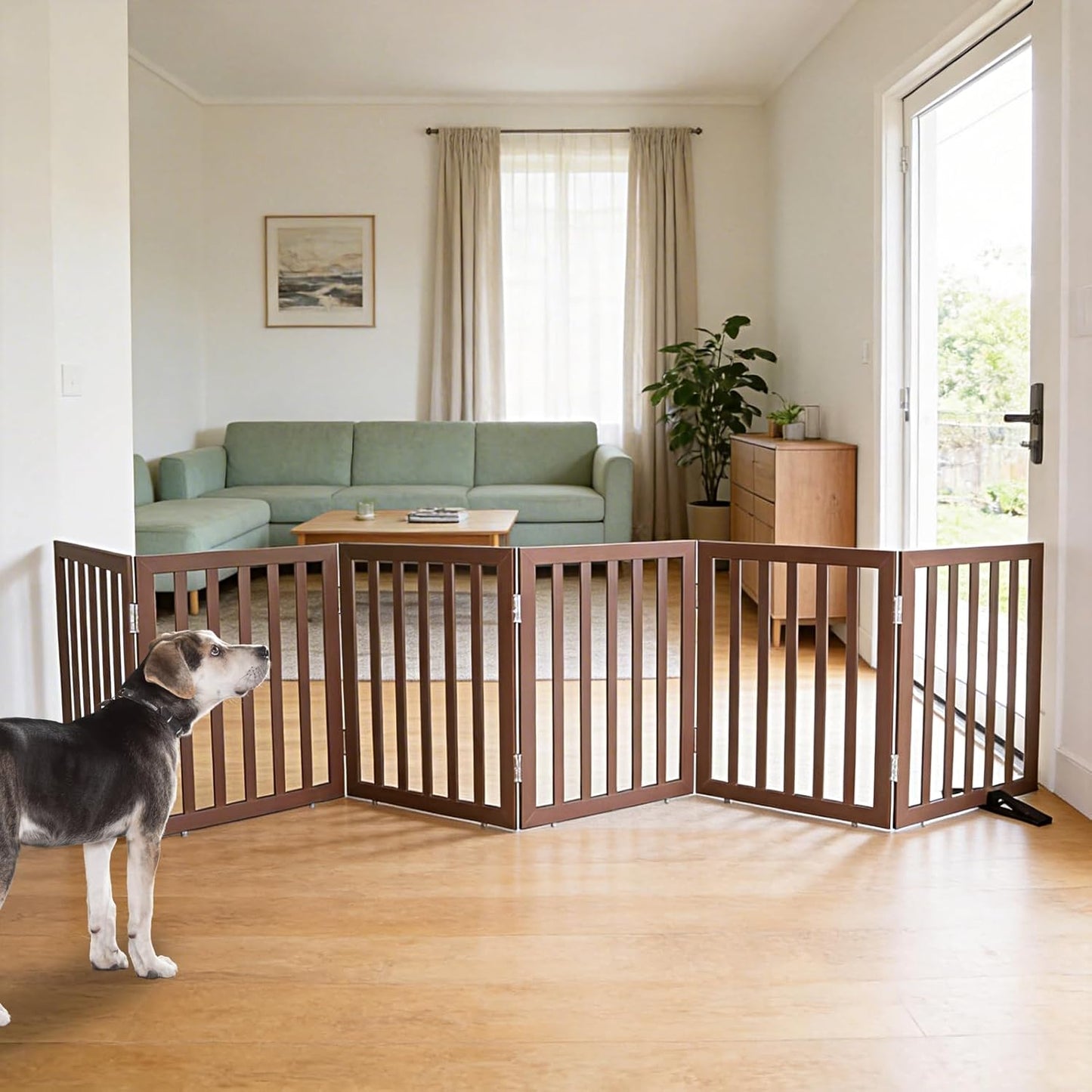 ZJSF Freestanding Indoor Dog Gate for House Foldable Wood Puppy Gate for Doorways Pet Gate for Stairs Extra Wide Pet Fence, Brown, 24" Height 3 Panels