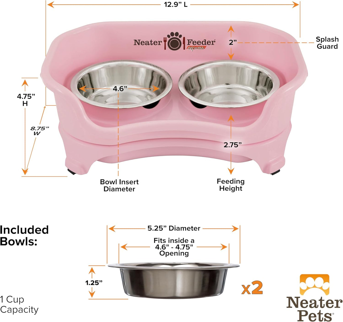 Neater Feeder Express Mess Proof Dog Bowls Elevated for Small Breeds under 15 Lb, Made in USA, No Spill Raised Dog Food Bowl Stand, Stainless Steel Food and Water Bowl Set, Feeding Station, Cappuccino