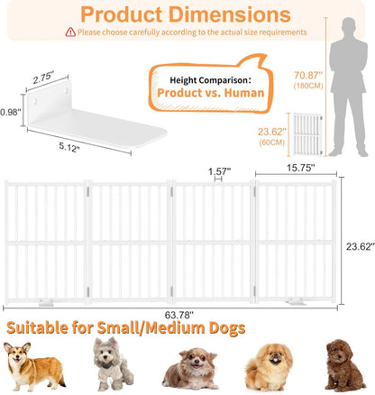 Snughome Short Dog Gate Indoor, 16" High Freestanding Small Dog Door Gates with Support Feet, Expands Up to 48’’ Wide Foldable Pet Gate for Doorway, 4 Panel Folding Pet Door Pet Fence for Puppy, White
