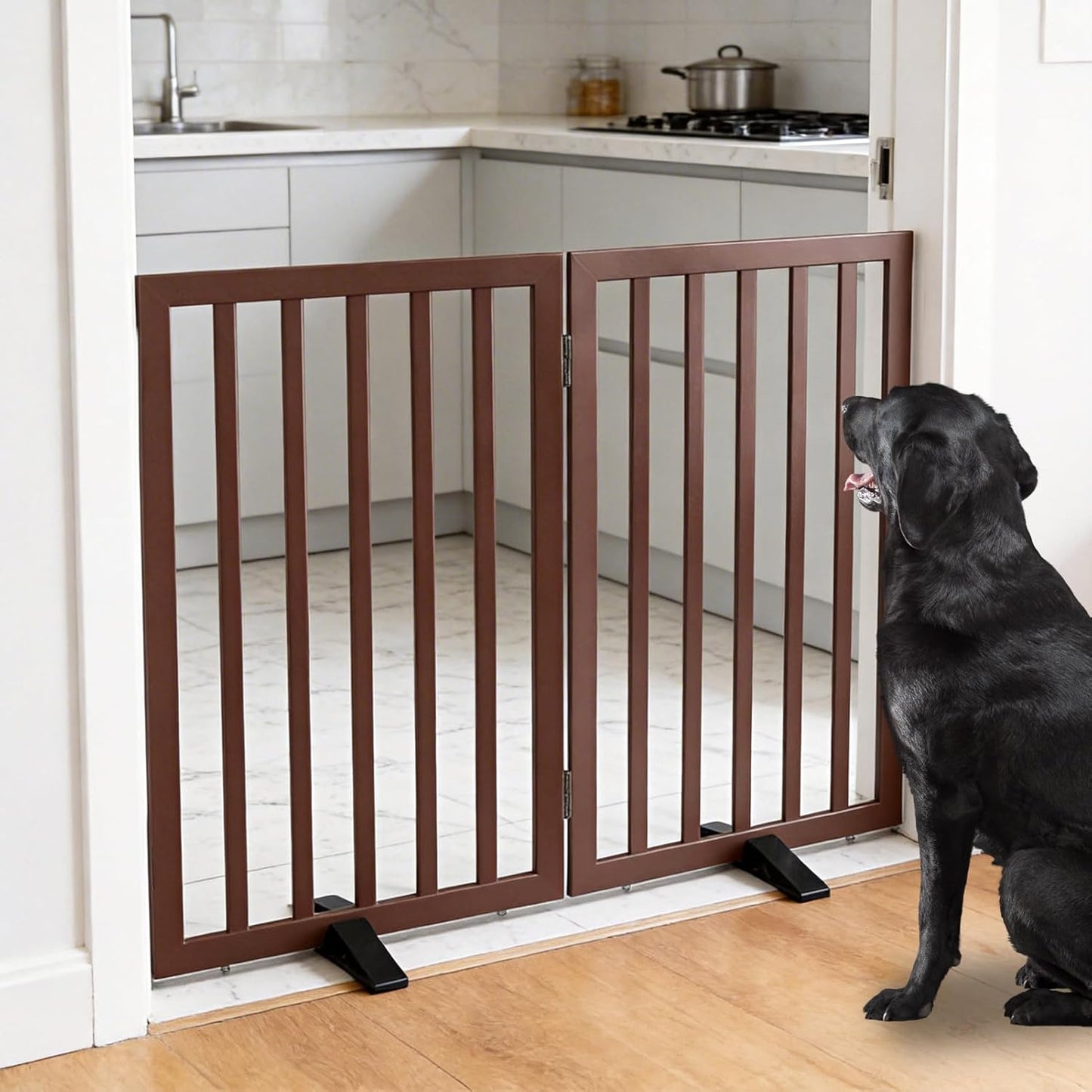 ZJSF Freestanding Indoor Dog Gate for House Foldable Wood Puppy Gate for Doorways Pet Gate for Stairs Extra Wide Pet Fence, Brown, 24" Height 3 Panels