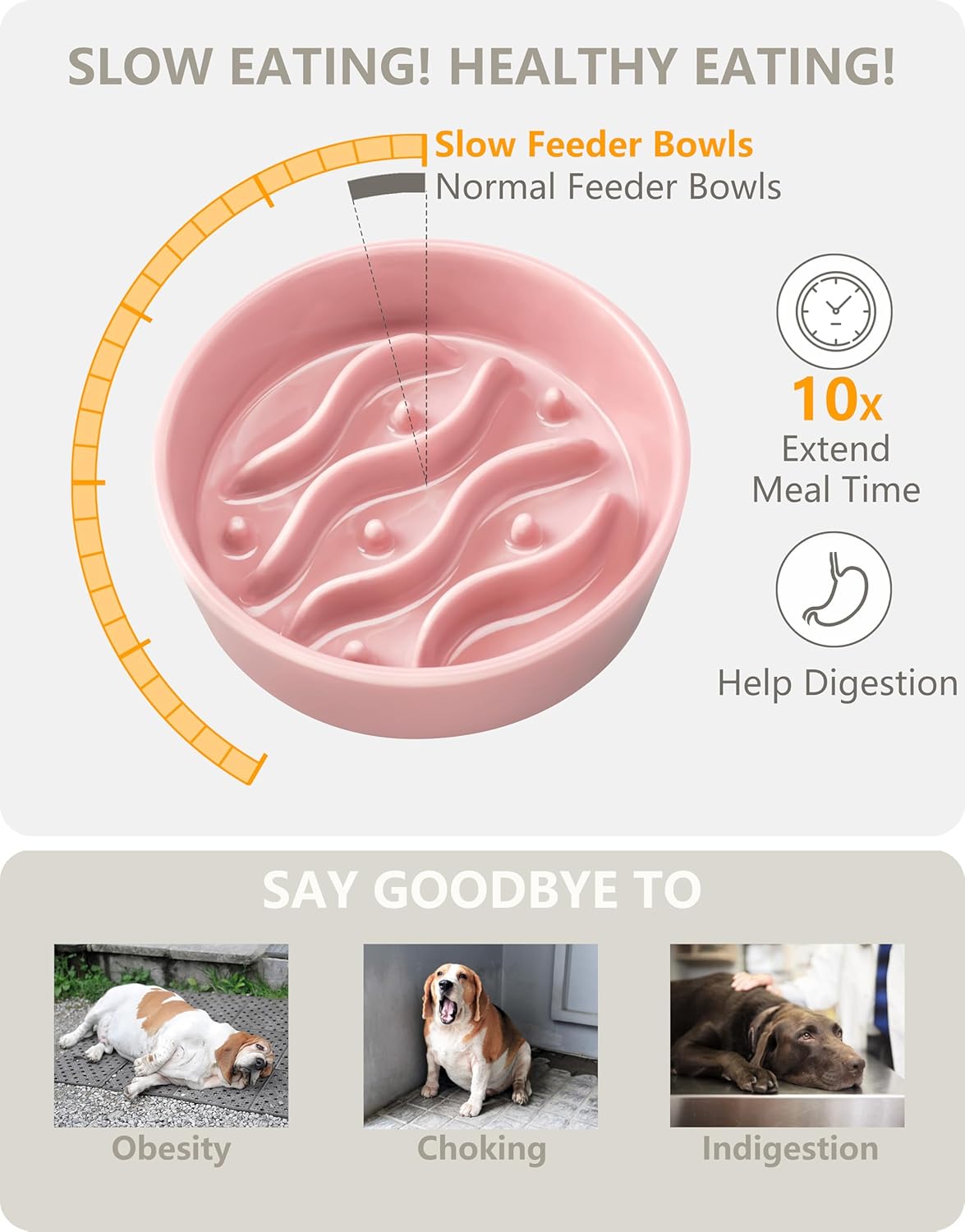 Ceramic Slow Feeder Dog Bowls for Medium and Large Dogs, 2.0 Cups Dog Slow Feeder for Fast Eater, 30oz, 8in, White