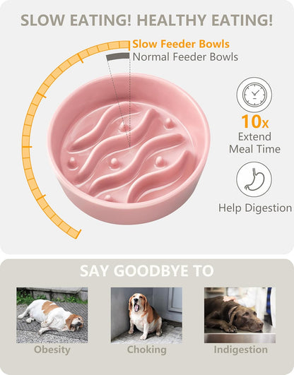 Ceramic Slow Feeder Dog Bowls for Medium and Large Dogs, 2.0 Cups Dog Slow Feeder for Fast Eater, 30oz, 8in, White