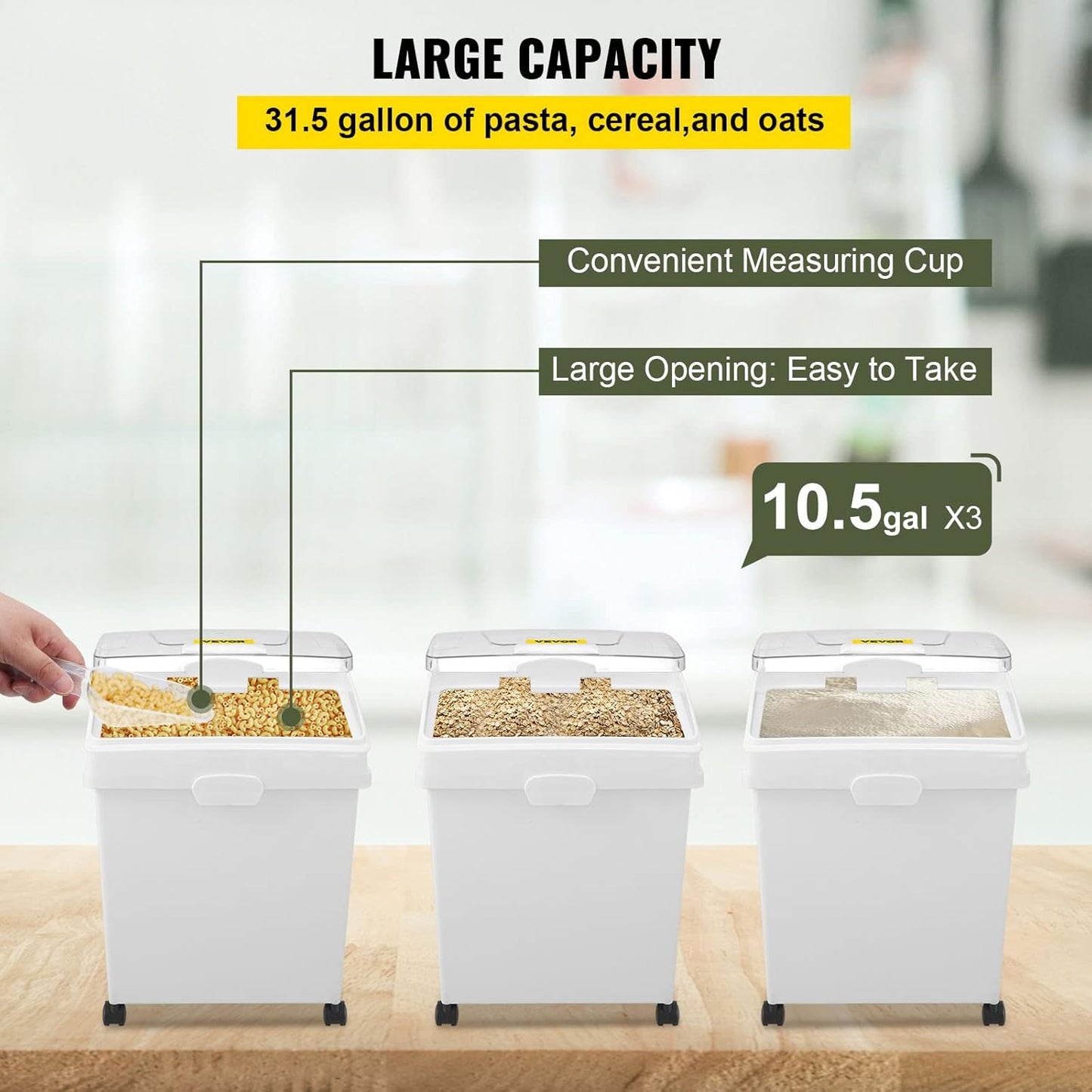VEVOR Rice Storage Container, 4.5Gallon/20L Capacity Large Dog Food Dispenser Bin, Kitchen Ingredient Grain Cereal Flour Bin, Pet food Containers with Wheels, Measuring Cup, Airtight Lid, 1 Pack